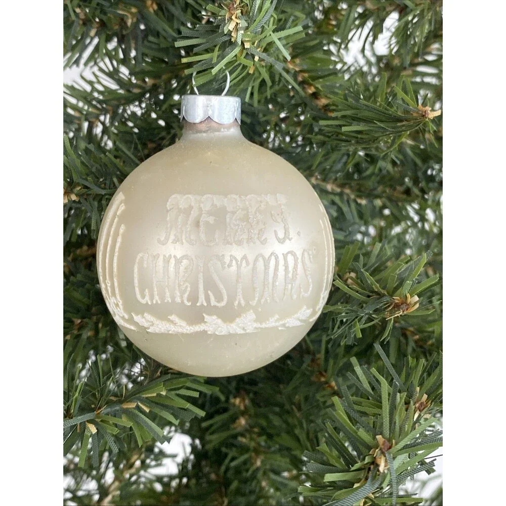 Vintage White Made USA MERRY CHRISTMAS Mica Stenciled Ball Ornament Holiday